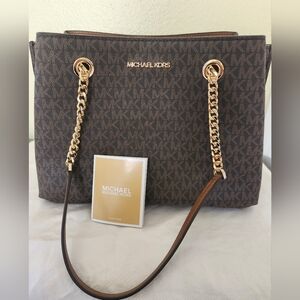 Michael kors teagen large logo shoulder bag long drop satchel  gold hardware